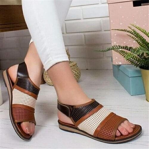 Women Summer Sandals Flat Soft Sole Sandals Hook & Loop Ladies Shoes Ankle Wrape Hollow Round Toe Sandals