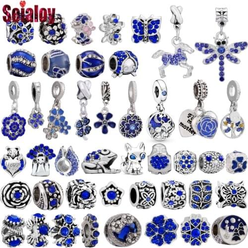 Seialoy 2pcs Navy Blue Rhinestone Flowers Beaded Daisy Dangle Charm Cartoon Animals Pendant Fit Brands Bracelets Jewelry Making