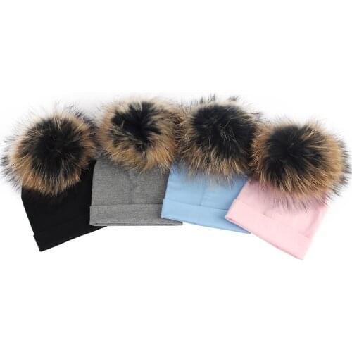 Newborn Baby Beanies Hats Real Fur Pompon Skullies for Baby Girls Boys Kids Soft Plain Cotton Beanies Warm Hat Caps Beanie Hat
