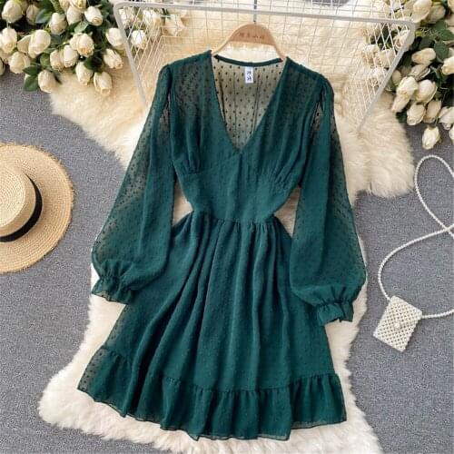 Chiffon Women Autumn Dress Sexy Deep V Neck Long Sleeve Short Dresses Fashion Dot Thin Casual Vestidos Female Clothing 2021