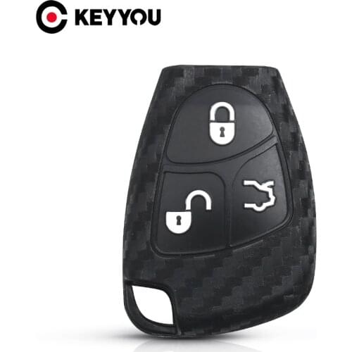 KEYYOU Key Rings Carbon Fiber Car Key Silicone Case Cover Protector For Mercedes-Benz B C E ML S CLK CL 3 Buttons Keyless Entry