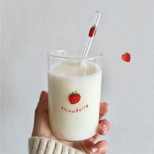 300ml Korean Style Glass Cup Fruit Printed Strawberry Milk Juice Cup With Straw Transparent Coffee Glass Mug Home Drinkware Gift