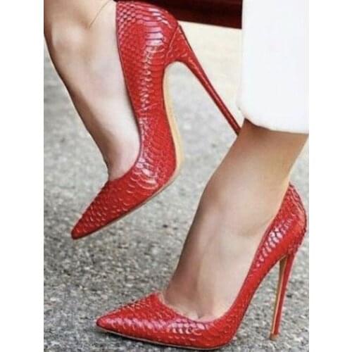 Sexy Red Snake Leather High Heel Pumps Pointed Toe Python Printed Shallow Dress Shoes 12 10 8cm Slip on Stiletto Heel Dress Shoe