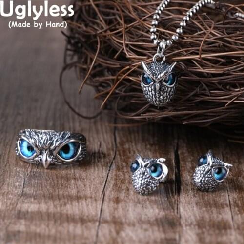 Uglyless New HOT SALES Owls Jewelry Sets for Women Thai Silver 925 Silver Owl Rings Studs Earrings Pendants Necklaces NO ChainS