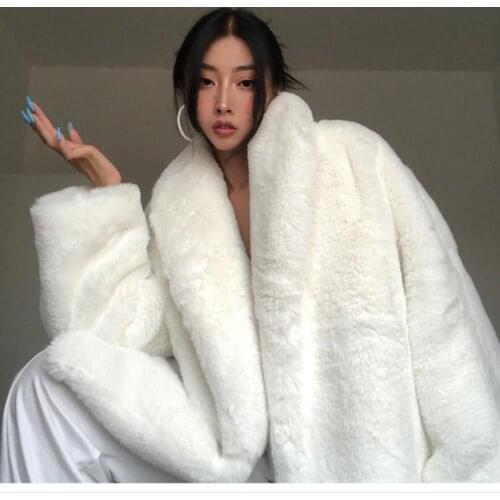 Winter Oversized Thicker Warm White Furry Faux Fur Jacket Women Korean Fashion Luxury Long Sleeve Faux Rabbit Fur Coat WY316