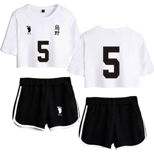Two Piece Set Women Female Set Karasuno Crop Top and Shorts Kpop 2020 Tracksuit Anime Haikyuu Sexy Pullover Print Casual Cotton