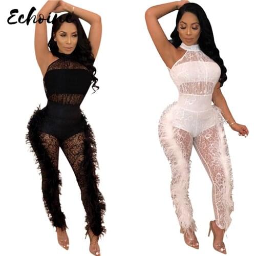Echoine Black/White Lace Mesh Sheer Feather Side Halter Jumpsuit Women Off Shoulder Sleeveless Night Club Party Outfits S-XXL
