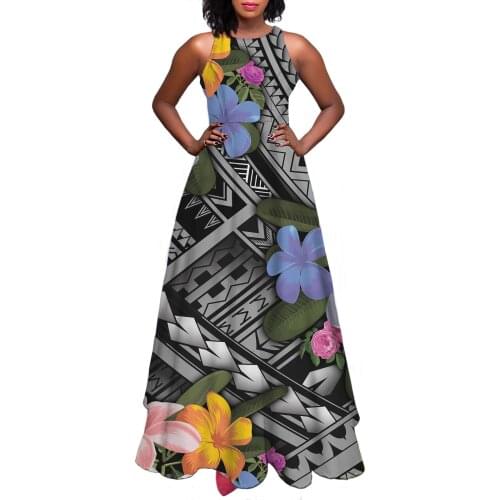 Hycool Dropshipping Women Vintage Clothes Polynesian Print Sleeveless Maxi Floral Dress A-Line Evening Elegant Dresses For Women