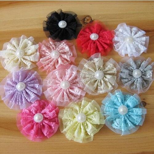 120pcs/lot)3.6" 12 Colors Fashion Shabby Shredded Flower With Pearl fFor Hairclip Lace Flower For Decoration