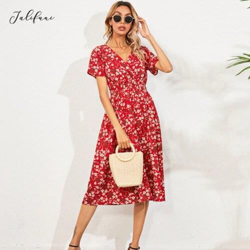 2021 New Arrival Short Sleeve Floral Dress for Women V Neck High Waist Summer Dress Female Prairie Chic Slim Midi Dress Vestidos