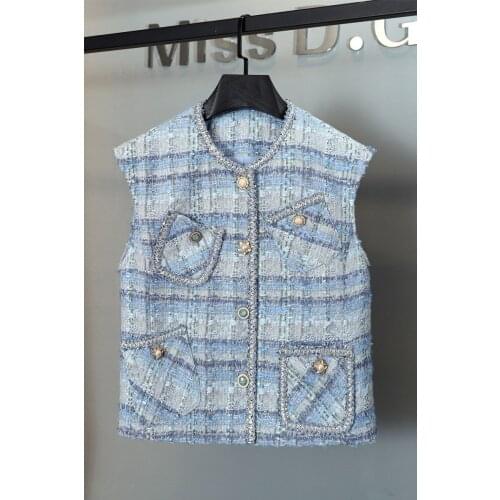 2021FW Autumn New Women Blue Fashion Tweed Vest Coat For Female Clothes 7.29