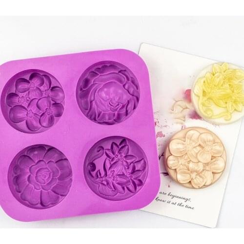 4 Cavity Soap Molds Round Flowers Shape Silicone Handmade Soap Mold Portable Unique Soap Making Tools Cake Decoration Mold