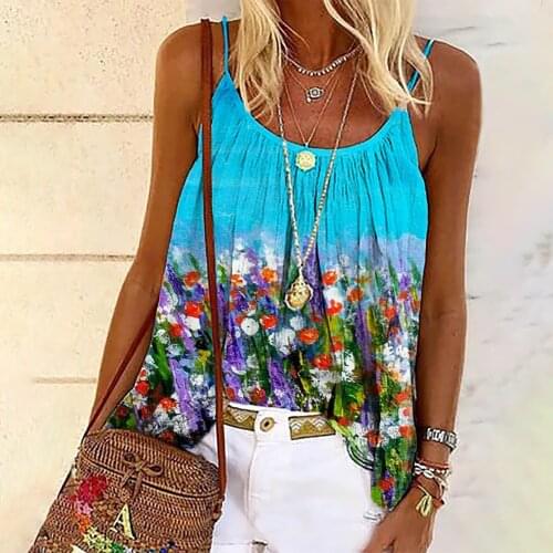 5xl Plus Size Blue Shirts Blusas Elegantes For Ladies Womens Summer Relaxed Fashion Casual Round Neck Suspender Printed Shirt