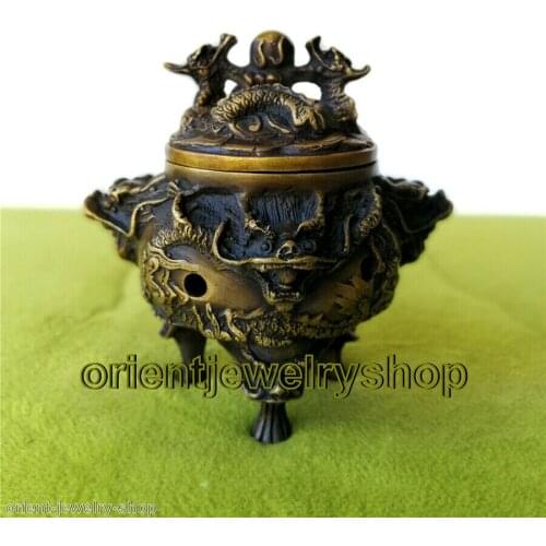 Marked Bronze Dragon Dragons Beast incense burner Censer carved statue