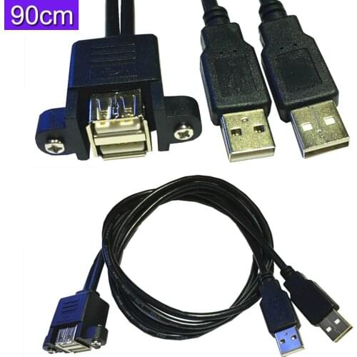 Dual USB 2.0 A female panel mount to 2 USB A male extension cable