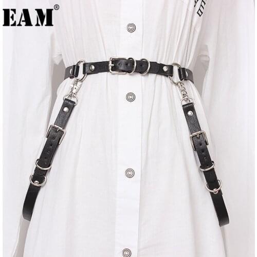 [EAM] 2021 New Spring Summer Pu Leather Black Buckle Split Joint Personality Long Belt Women Fashion Tide All-match JX463