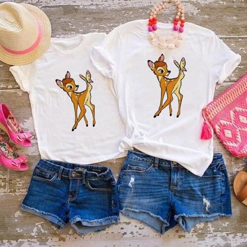 Cartoon T shirt Baby Girl Top Fawn Bambi Printed Tshirt for Women Harajuku Summer Mom and Child Clothes Family Matching T-shirt