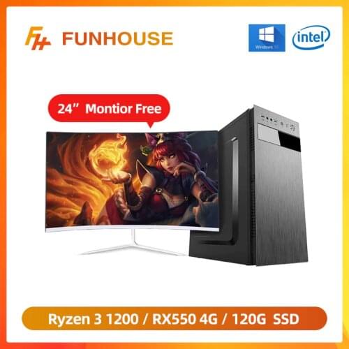 Funhouse Computers AMD R3 1200 RX550 4G Gaming Card 8G DDR4 Memory 120G SSD Home Desktop PC Assembly Whole Set with 24'Monitor