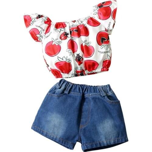 Newest 2Pieces Kids Girls Suit Set, Cute Cherry Print Boat Neck Short Sleeve Tops+ Denim Shorts for Toddler, 3-24 Months