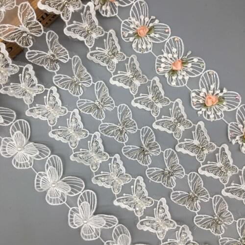 1 yard Butterfly Pearl Beaded 3D Flower Rhinestone Lace Trim Embroidered Applique Ribbon Fabric Wedding Dress Sewing Craft