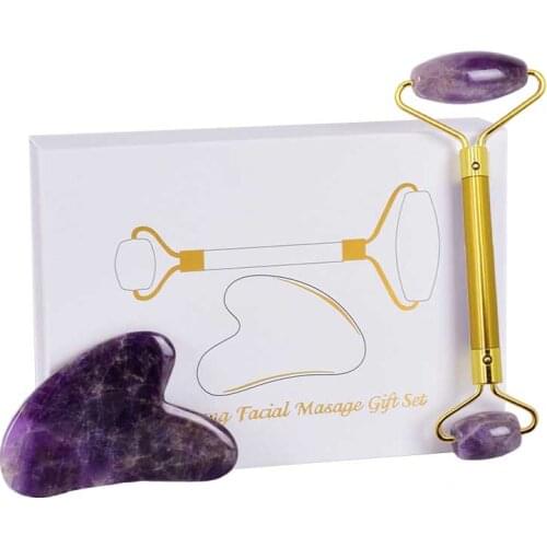 Natural Amethyst Jade Roller Gua Sha Set Gouache Scraper Face Massager Facial Massage Roller Stone Anti Wrinkle Beauty Tool Gift