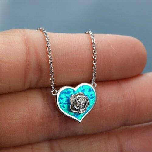 Cute Flower Heart Stone Necklace Boho Female White Blue Opal Pendant Necklace Charm Gold Silver Color Chain Necklaces For Women