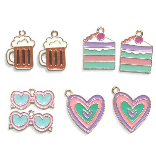 Cute 10pcs Cartoon Enamel Cake Candy Charms Pendants Neacklace Girl Earrings Charms DIY Heart Shape Charm Jewelry Making