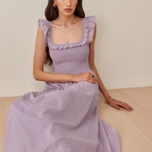 Pure color small square neck long dress small women pleated waist slimming dress ladies evening dress