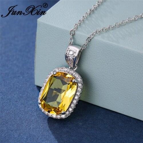 Austrian Crystal Big Geometric Rectangle Pendant Necklaces For Women White Gold Yellow Green Blue Stone Zircon Wedding Necklace