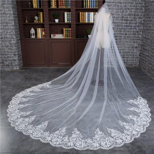 Princess Lace Sequins Appliques Cathedral Tulle Formal Long Bridal Veil Soft Women Wedding Hair Veils Cheap Head Accessories 3m