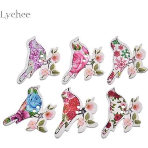 Lychee Life 50pcs Random 2-Holes Wooden Flower Bird Buttons Flatback Button For Sewing Scrapbooking Craft