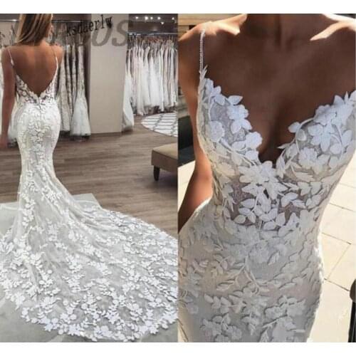 2020 Berta mermaid Wedding Dresses 3D Floral Applique Lace backless Sweep tulle Train Plus Size boho beach Bridal Gowns Robe De