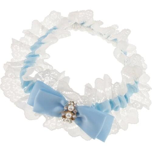 Bridal White and Blue Wedding Bridal Garter with Rhinestone Satin Bow and Lace for Brides