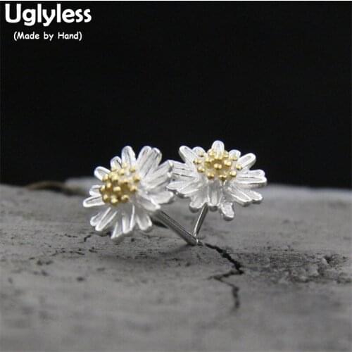 Uglyless Genuine S925 Sterling Silver Daisy Flower Studs for Women Handmade Engraved Floral Stud Earrings Studends Dress Brincos