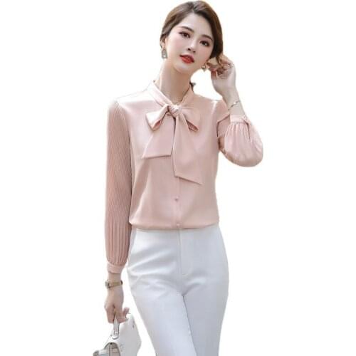 Lenshin High-quality Smooth and Soft Royal Blue Shirt for Women Bow Tie Blouse Casual Tops Full Sleeve Office Lady Work Wear