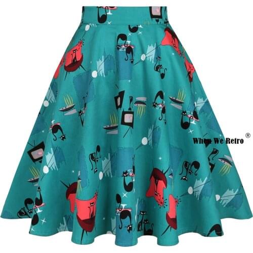 Women Animal Cats Print Cotton Skirt VD0020 Blue Green High Waist A Line Swing Vintage Retro Punk Goth Skirt