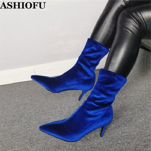 ASHIOFU Handmade Womens High Heel Boots Real Photos Party Prom Ankle Boots Winter Evening Fashion Plus Size Fashion Boots Shoes