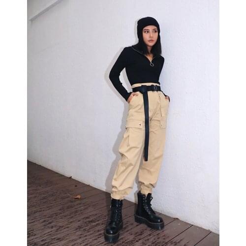 Streetwear Cargo Pants with Buckle Belt Women Casual Joggers Black Khaki Amy Green Ladies Capri High Waist Loose Female Trousers