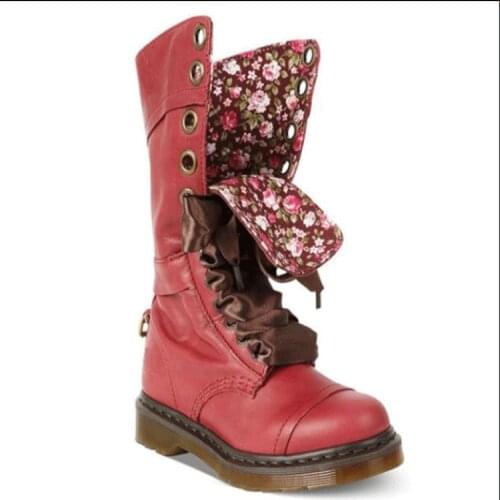 2021 New Mid-Calf Boots Autumn Winter Lace Up Flat Shoes Vintage Sexy Steampunk Leather Retro Buckle Ladies Snow Boots