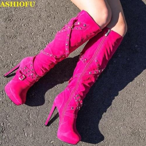 ASHIOFU Handmade Ladies Super-heel Boots Cross-buckle Straps Party Prom Knee High Boots Sexy Evening Stripper Fashion Boots