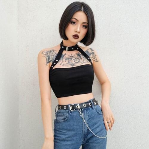 JIEZuoFang Gothic Punk Buckle Belt Harness Halter Tank Short Vest Cotton Bustier Bralette Cropped Off Shoulder Backless