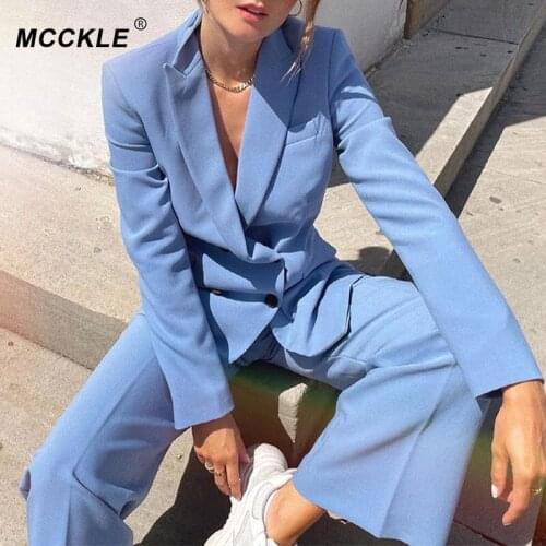 Womens Blue Blazer 2 Piece Suits Double Breasted Long Sleeve Blazers Wide Leg Straight Pant Set Elegant Casual Autumn New Suit
