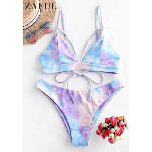 ZAFUL Tie Dye Strappy Bikini Set Swimsuit Women Padded Two Piece Tie Swimwear Summer Beach Sexy Female Bandage Brazilian Biquini