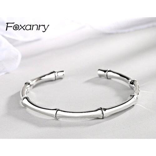 Foxanry 925 Sterling Silver Vintage Bamboo Bangles&Bracelet Terndy Smooth Party Bracelet Jewelry for Women Size 55mm Adjustable