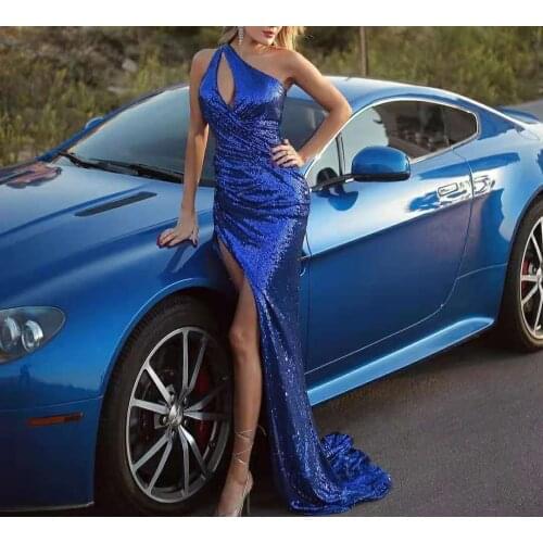 Womens Long Sequined Mermaid Prom Dresses Corset Back Robe De Soiree Floor Length One Shoulder Formal Party Dresses