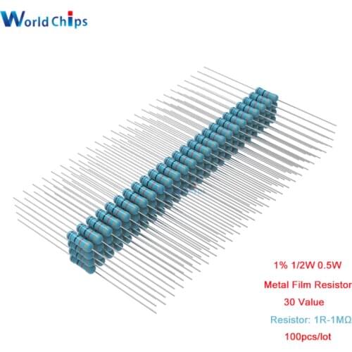 100pcs/lot 1R-1MΩ Carbon Film Resistor 5% 1/2W 0.5W 1R 10R 100R 220R 1K 2.2K 4.7K 10K 22K 47K 100K 470K 1MΩ Ohm Resistance