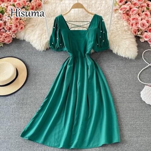 2021 summer new womens chic square collar puff sleeve beading backless cotton dresses female retro lace-up waist A-line dress