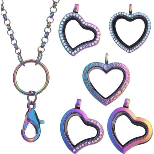 10pcs/lot Rainbow color all Heart styles Magnetic Memory Living Floating charms Locket Necklace Jewelry Women with 60CM Chain