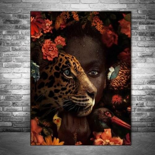 Black Woman with Animals Flowers Art Paintings Print on Canvas Art Posters and Prints African Art Pictures Home Wall Decoration