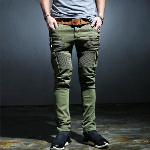 Best Seller ArmyGreen Retro Skinny Jeans Men Clothing Fashion Zipper Locomotive Denim Biker JeansMale Hip-hop Trousers